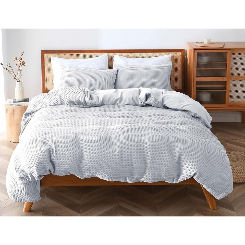 Moonline Waffle Weave King Duvet Cover 3 Piece Set Grey King